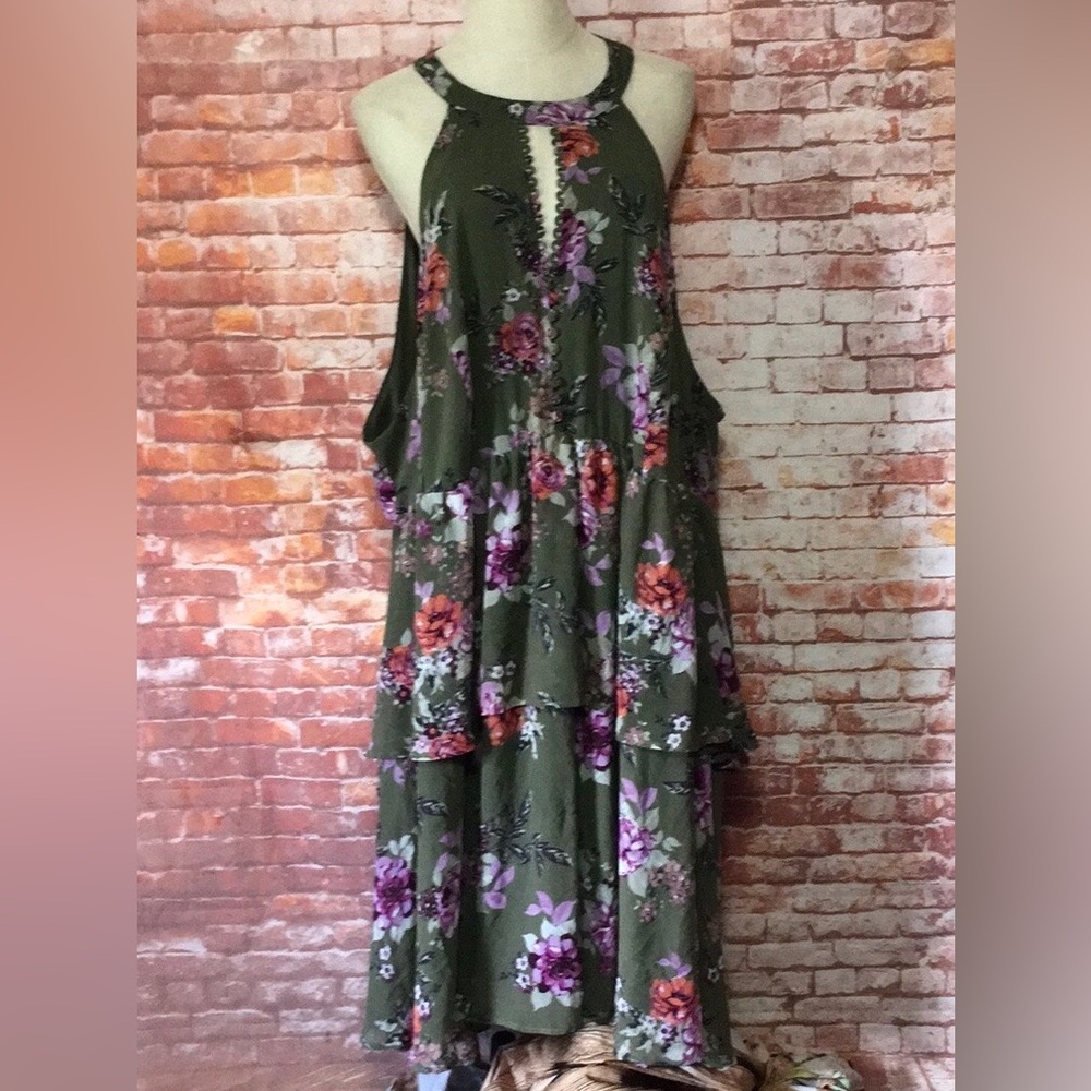 Torrid Olive Green Tea Length Floral Tiered Grecian Halter Dress